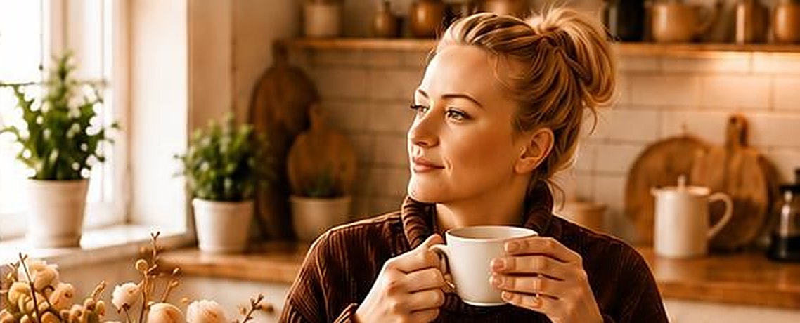 Frau mit Kaffeetasse in einer hellen Küche